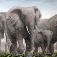 Kudde olifanten. Wildlife schilderij in olieverf.