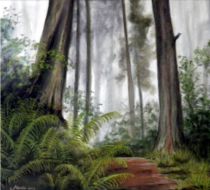 Bos landschap. Pasteltekening op paneel.