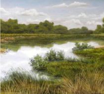 Fantasie landschap. Pasteltekening op paneel.