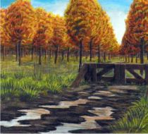 Golden trees. fantasie landschap tekening.