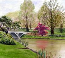 Stadspark in Eindhoven. Landschap met pastel getekend.