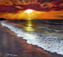 Zeegezicht met ondergaande zon. Tekening in pastelkrijt.