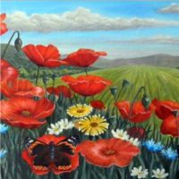 Landschap met klaprozen. Geschilderd met olieverf.