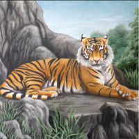 Tijger op rots. Wildlife schilderij met olieverf.